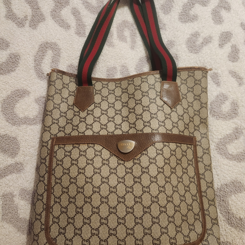 Gucci Plus Brown and Tan Monogram Tote Bag